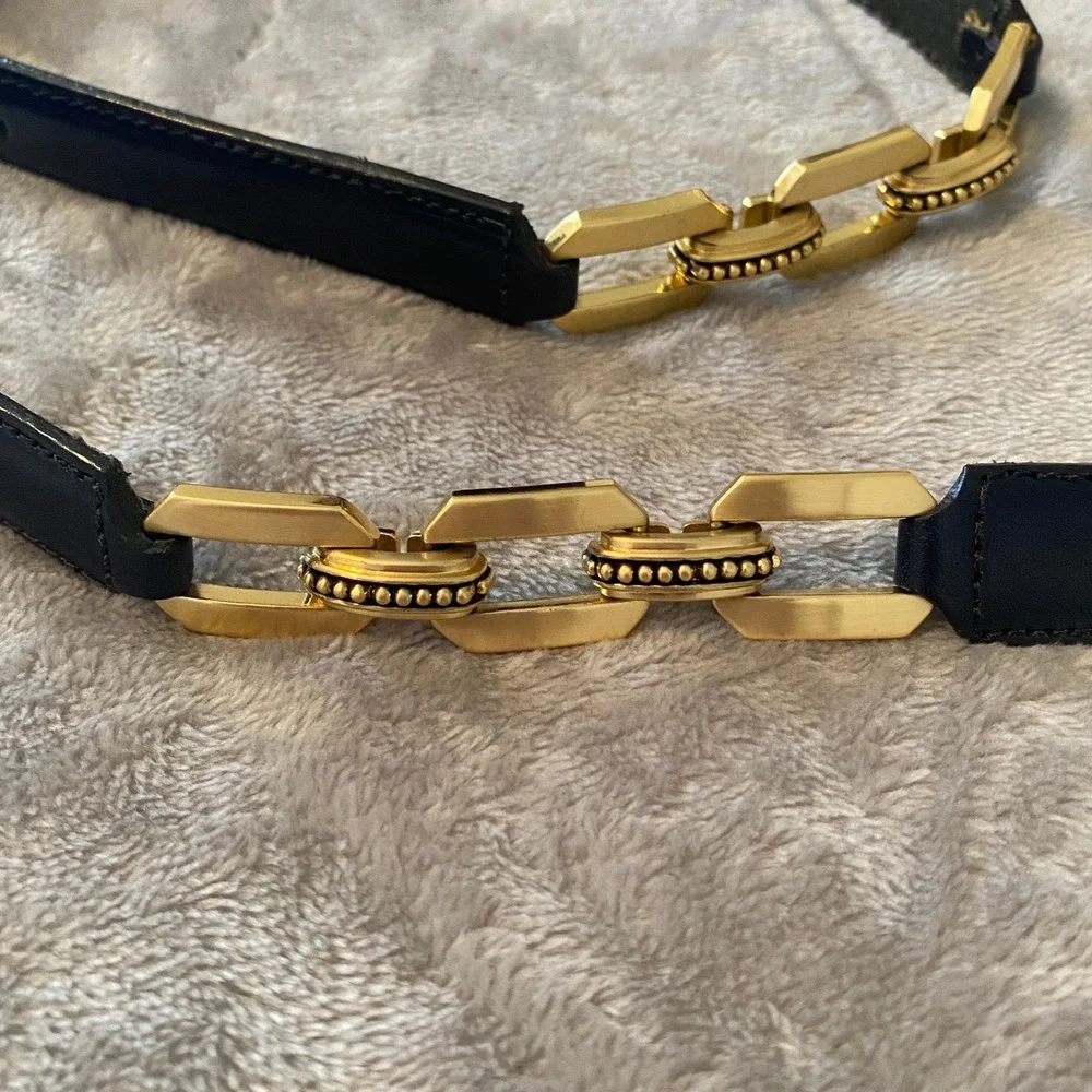 Talbots Belt Sz Large Black Leather Gold Chain Link Skinny Preppy Equestrian